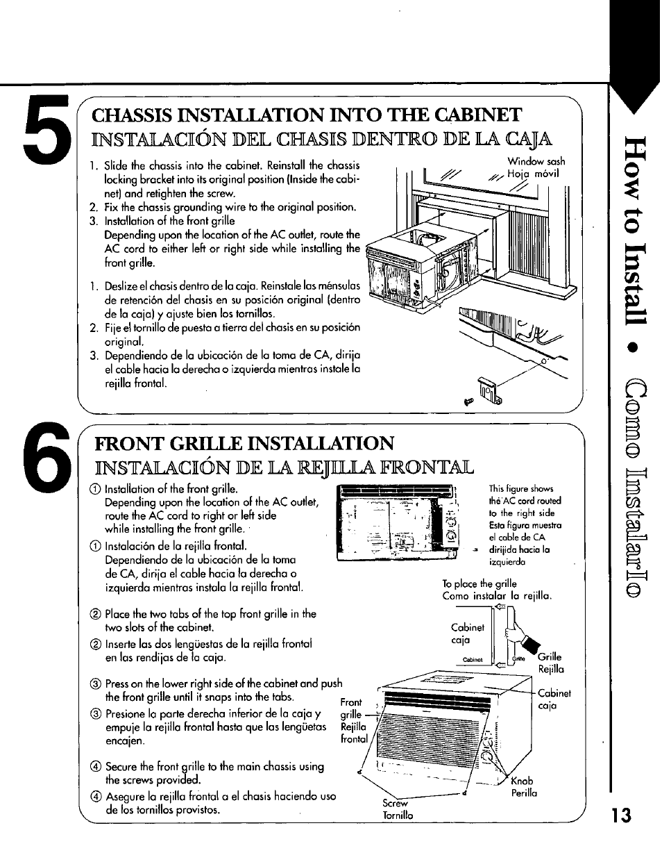 Instalación del chasis dentro de la caja, Instalación de la rejilla frontal, Chassis installation into the cabinet | Front grille installation | Panasonic CW-C200NU User Manual | Page 13 / 24