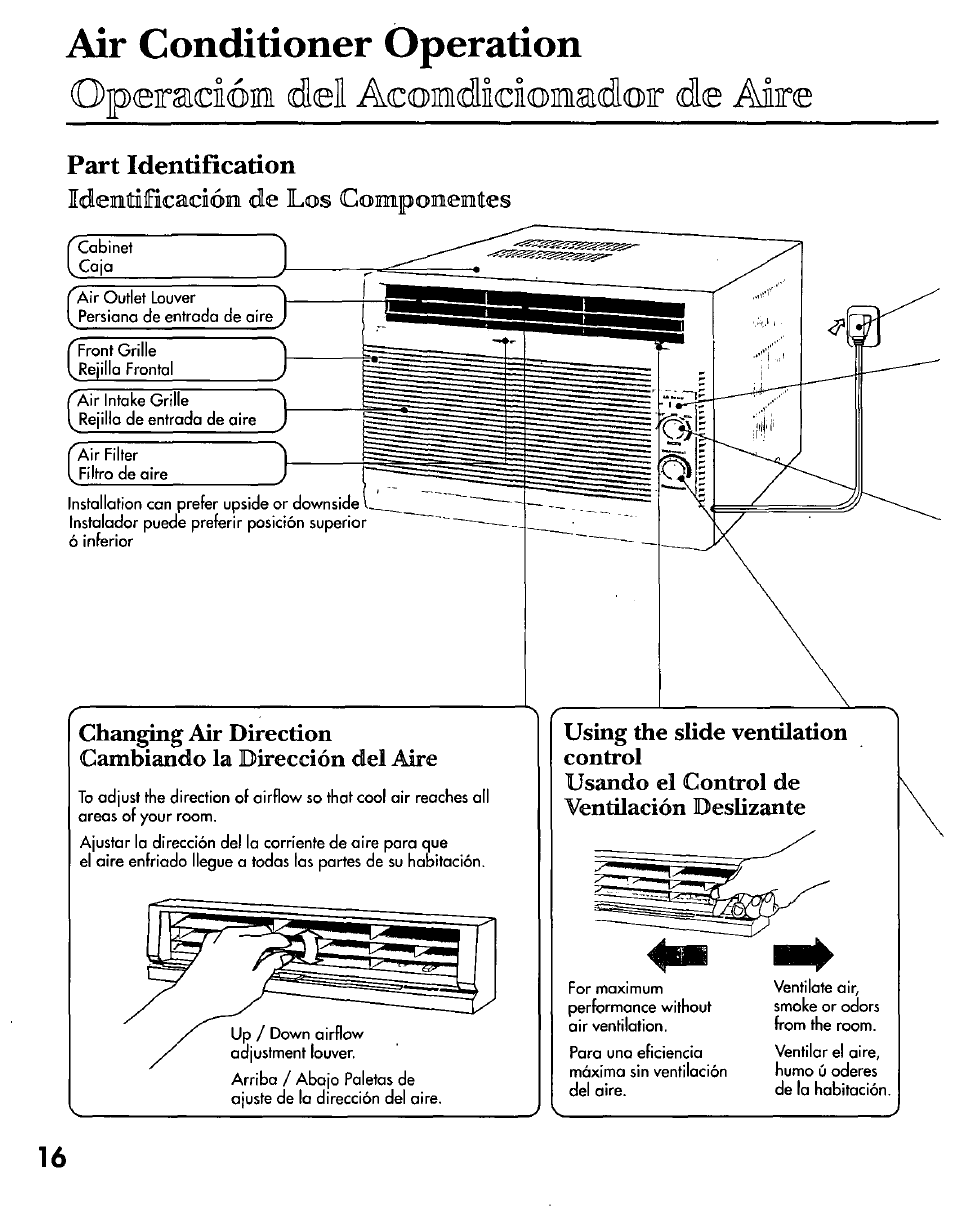 Air conditioner operation, Part identification, Opersicióini del acoedidomdor de aire | Mentìficacióini de los | Panasonic CW-C200NU User Manual | Page 16 / 24