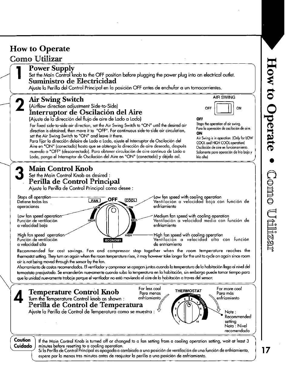 How to operate, Caution, Cuidado | Power supply, Suministro de electricidad, Air swing switch, Interruptor de oscilación del aire, Main control knob, Perilla de control principal, Temperature control knob | Panasonic CW-C200NU User Manual | Page 17 / 24