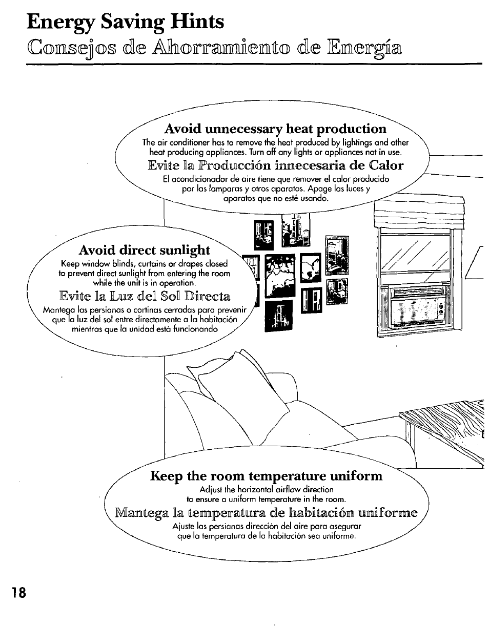 Energy saving hints, Avoid unnecessary heat production, Avoid direct sunlight | Keep the room temperature uniform, Goinisejos de aboriraimieeto de, De calor | Panasonic CW-C200NU User Manual | Page 18 / 24