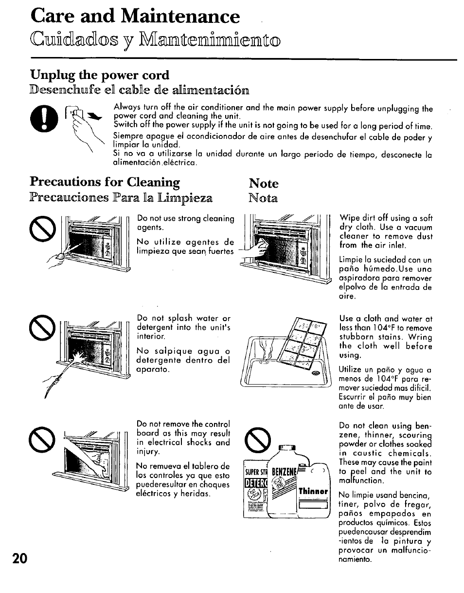 Care and maintenance, Unplug the power cord, Precautions for gleaning | Y mamtemmieeto, Cuiádaidcds, Desenchufe el cable de, Precauciones рага la limpieza, Nota | Panasonic CW-C200NU User Manual | Page 20 / 24