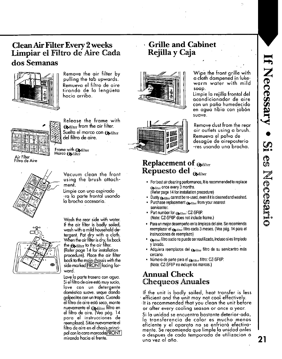 Dos semanas, Grille and cabinet rejilla y caja, Replacement of e>-fiiter | Repuesto del, Annual check, Replacement of e>-fiiter repuesto del, Chequeos anuales | Panasonic CW-C200NU User Manual | Page 21 / 24