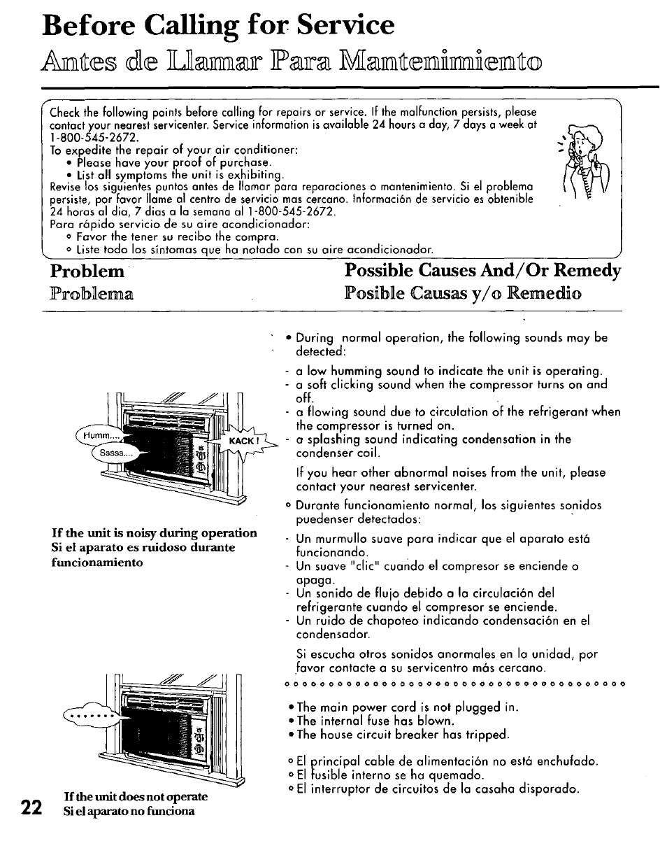 Before calling for service, Possible causes and/or remedy, Amies de llsmair para mamtemiinniieiiito | Problem | Panasonic CW-C200NU User Manual | Page 22 / 24