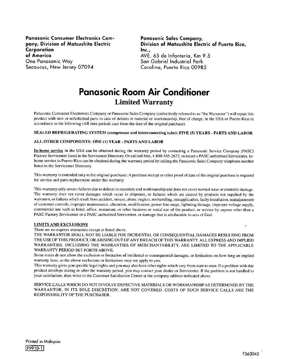 Panasonic soles company, Limited warranty, Panasonic room air conditioner | Panasonic CW-C200NU User Manual | Page 24 / 24