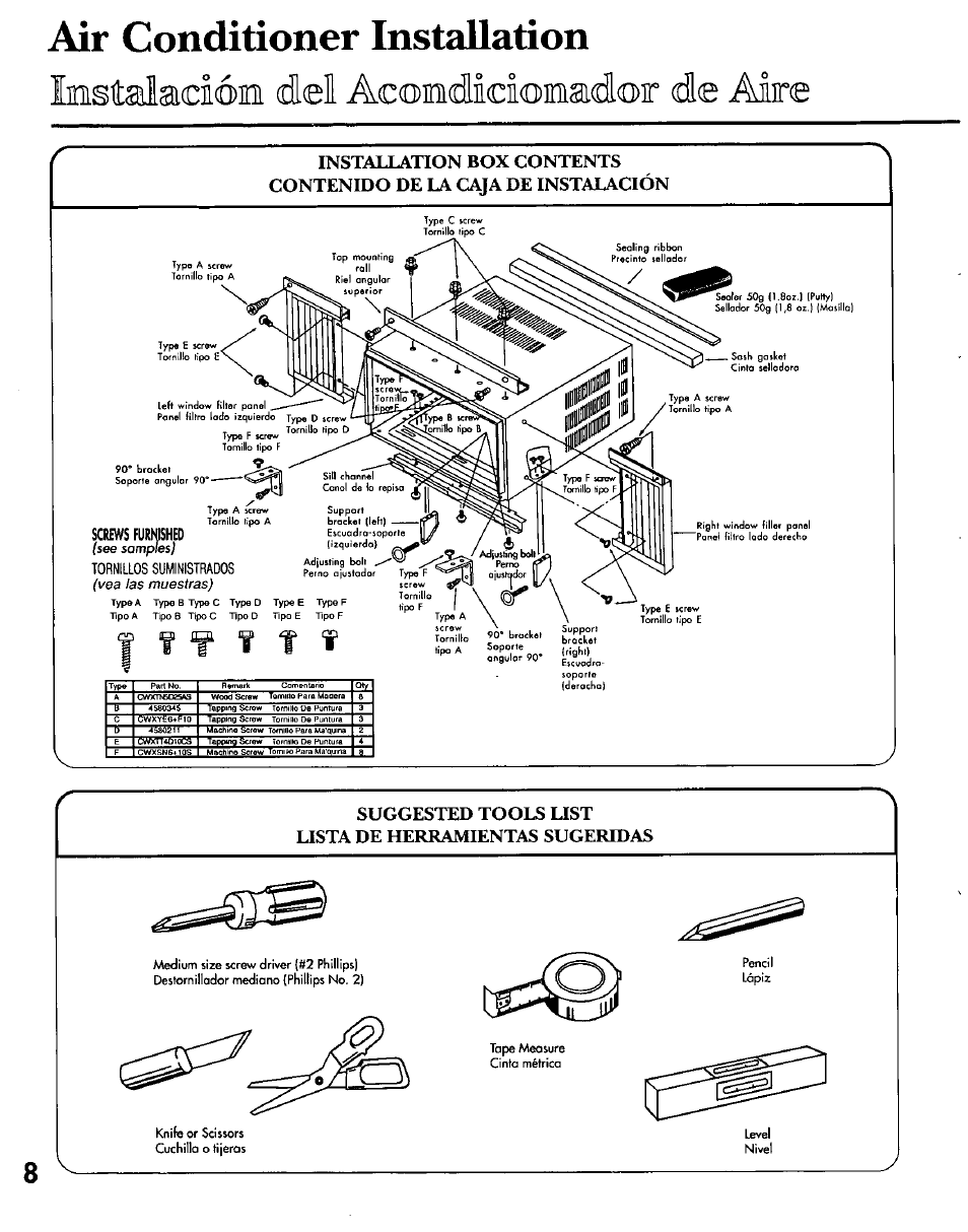 Air conditioner installation, Screws furmshed, Lestalaucióhi del acídedicioraiaidor de aire | F f f | Panasonic CW-C200NU User Manual | Page 8 / 24