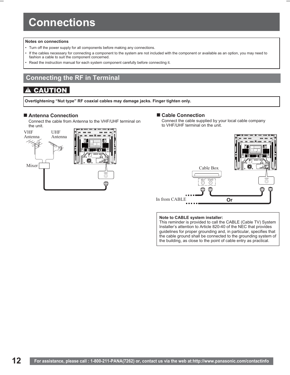 Connections, Connecting the rf in terminal, Caution | Panasonic PV DR2714 User Manual | Page 12 / 92