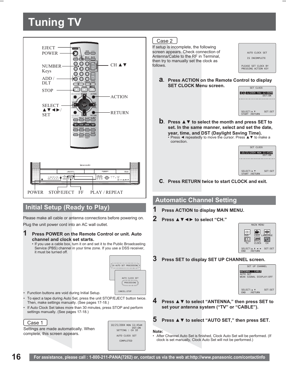 Tv operation, Tuning tv, Initial setup (ready to play) | Automatic channel setting | Panasonic PV DR2714 User Manual | Page 16 / 92