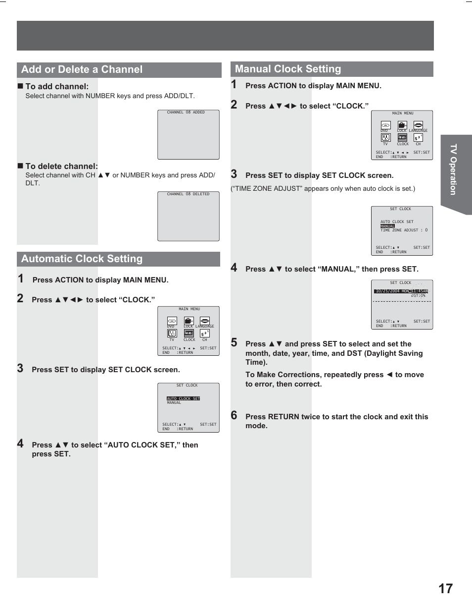 Add or delete a chan nel, Automatic clock setting, Manual clock setting | Panasonic PV DR2714 User Manual | Page 17 / 92