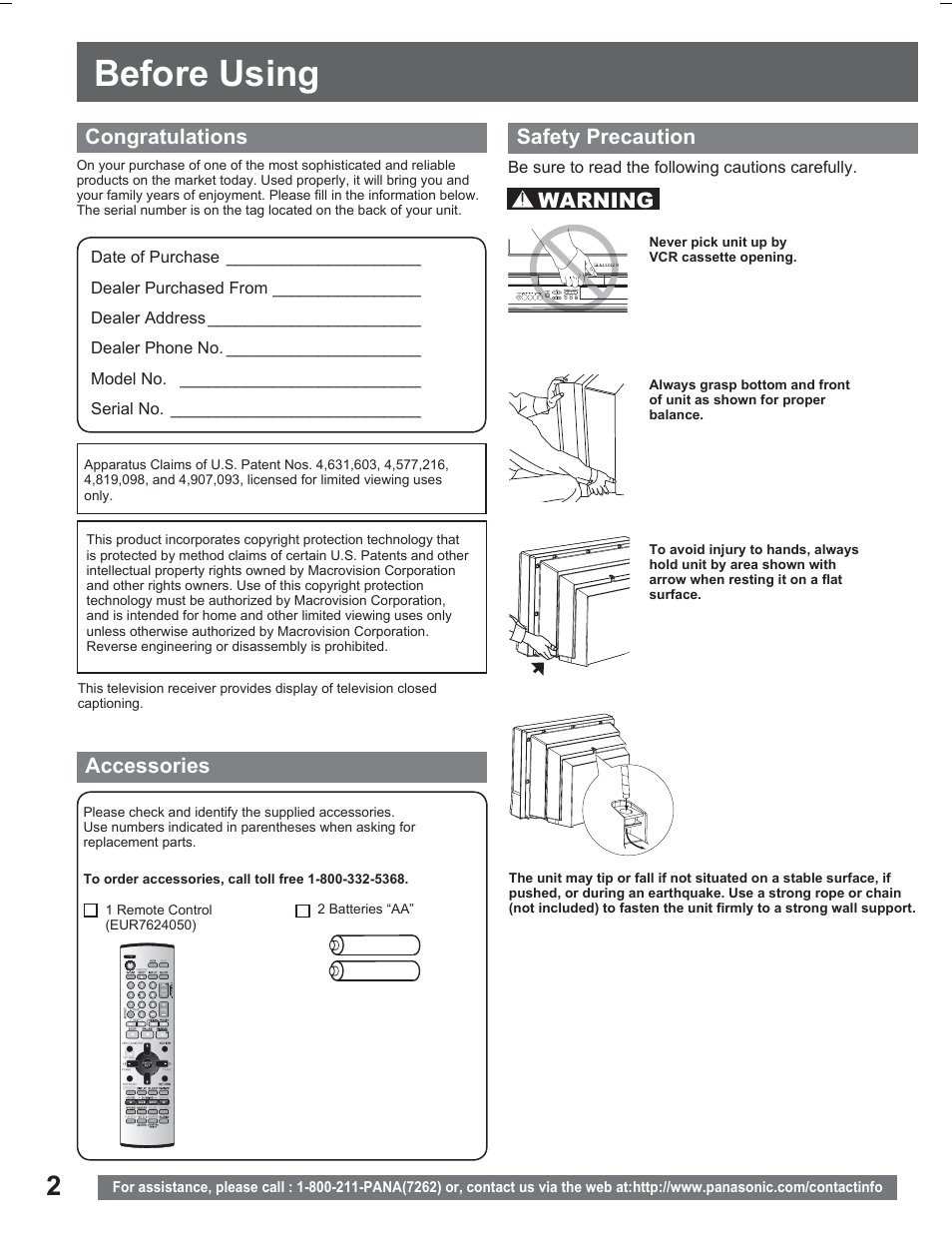 Getting started, Before using, Warning | Panasonic PV DR2714 User Manual | Page 2 / 92