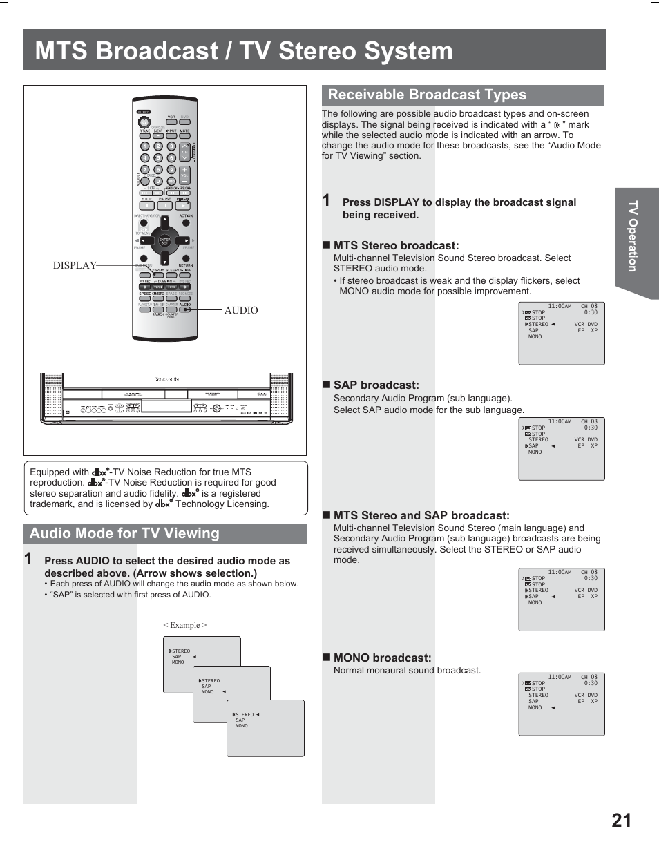 Mts broadcast/tv stereo system, Mts broadcast / tv stereo system | Panasonic PV DR2714 User Manual | Page 21 / 92