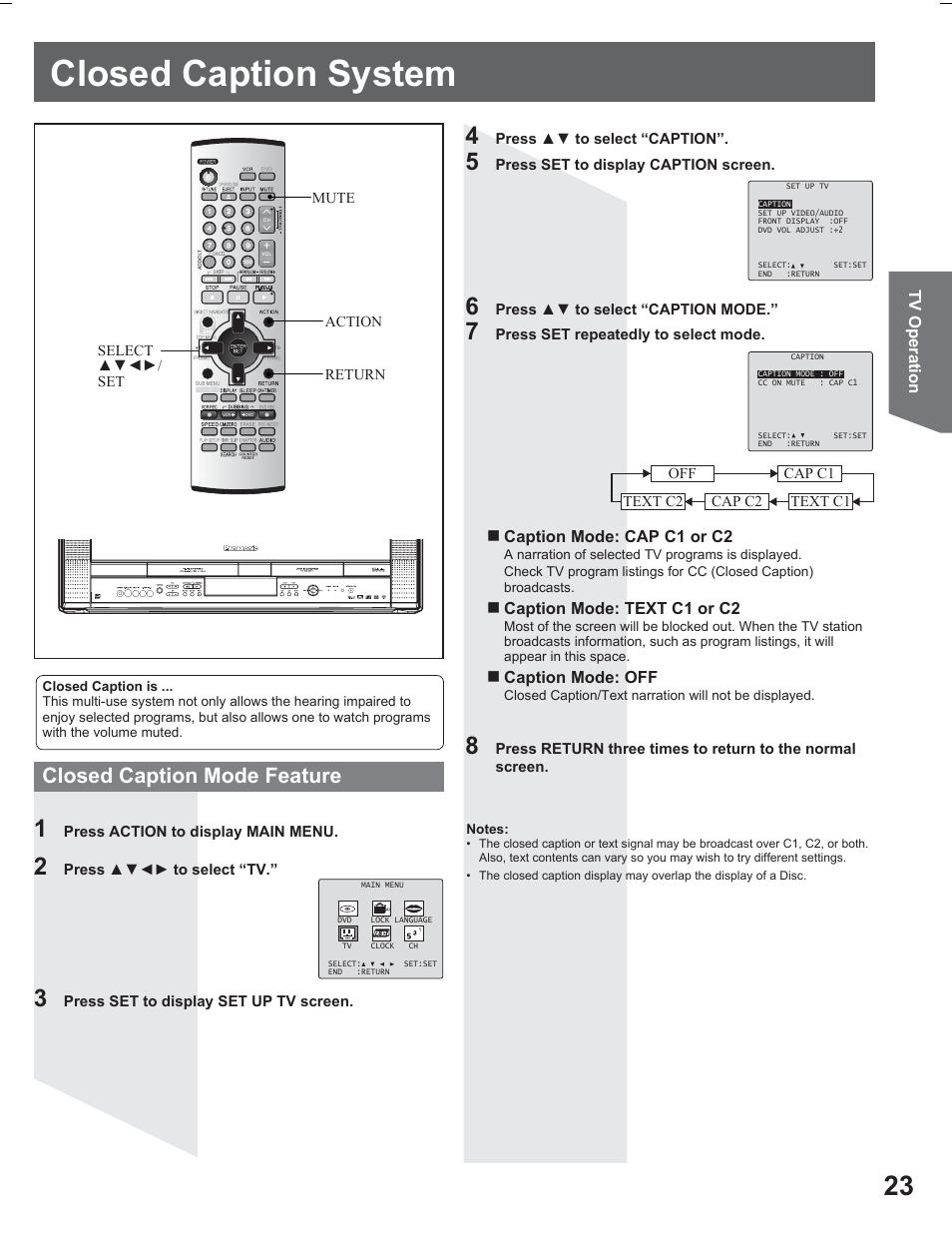 Closed caption system, Closed caption mode feature | Panasonic PV DR2714 User Manual | Page 23 / 92