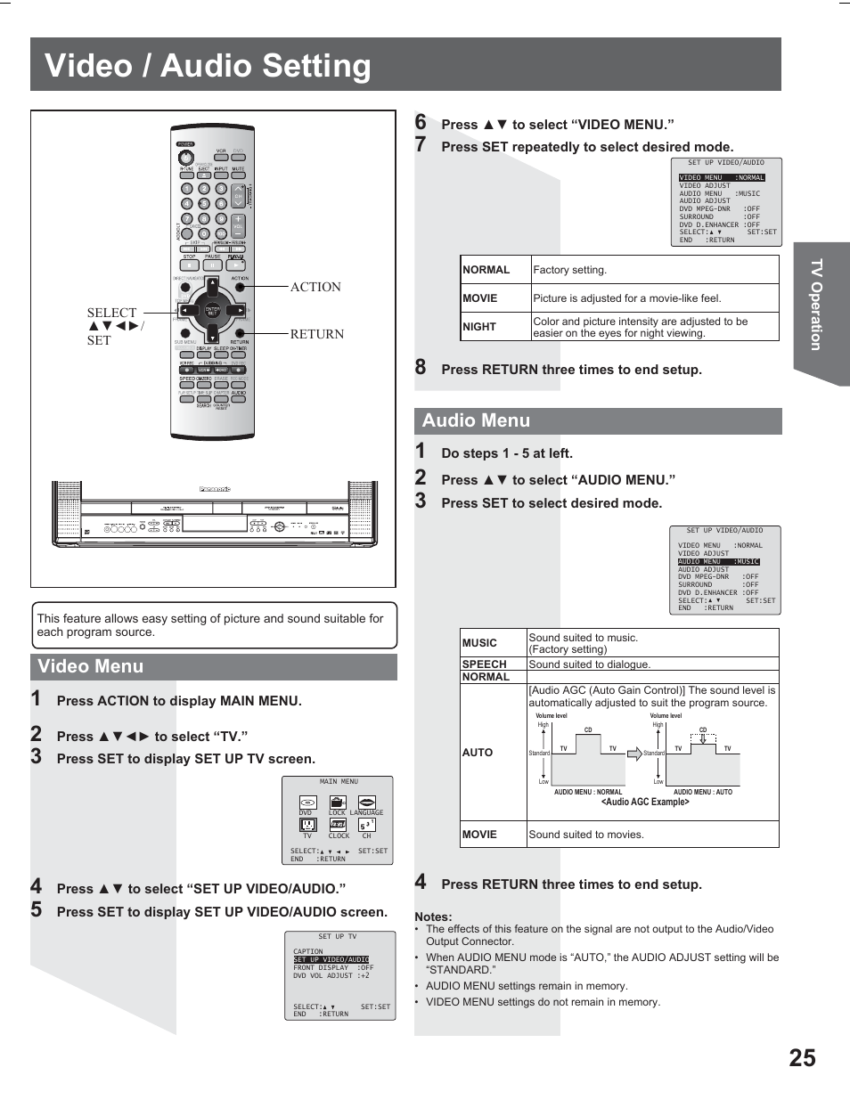 Video / audio setting, Video menu audio menu, Tv operation | Panasonic PV DR2714 User Manual | Page 25 / 92