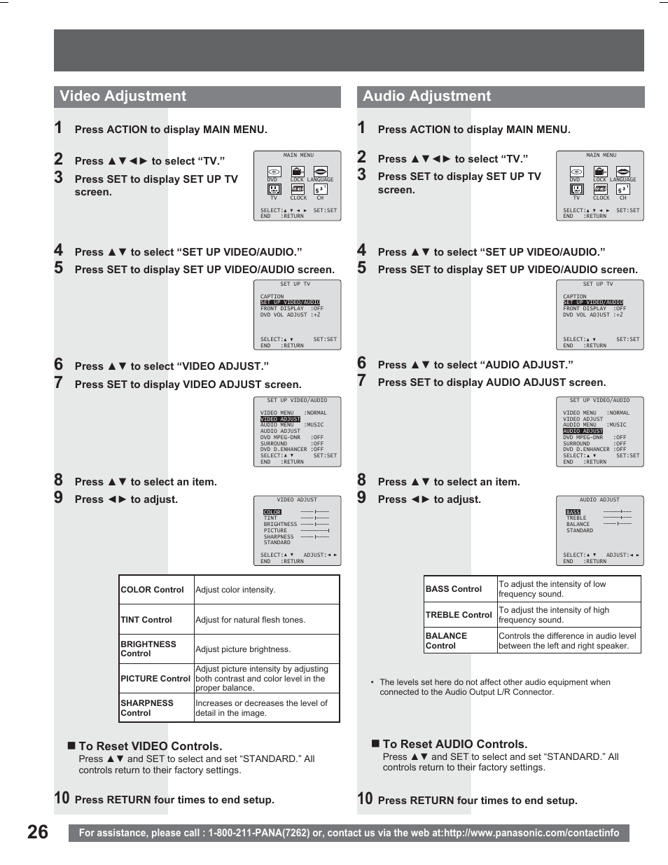 Video adjustment audio adjustment | Panasonic PV DR2714 User Manual | Page 26 / 92