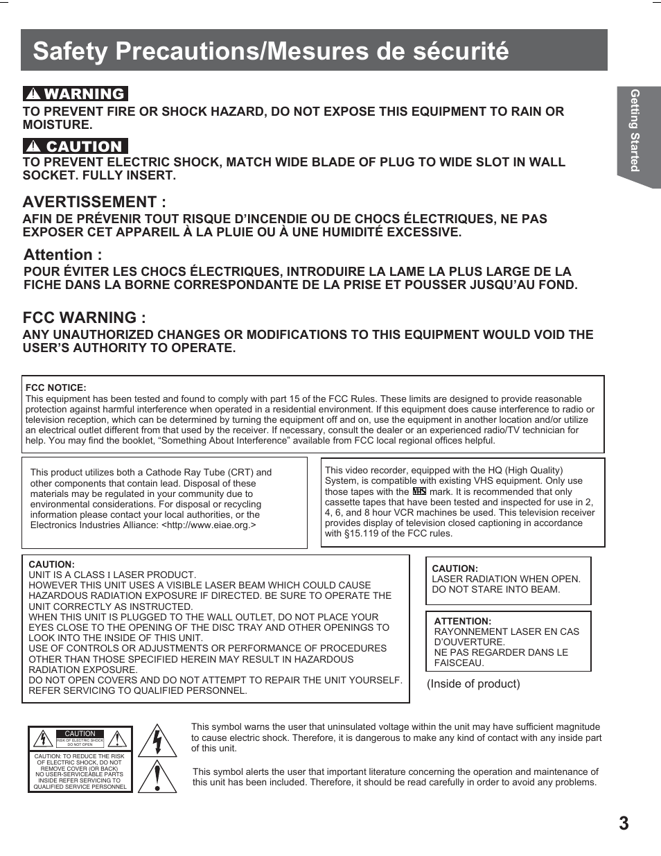 Safety precautions/mesures de securite, Safety precautions/mesures de sécurité, Fcc warning | Avertissement, Attention, Warning, Caution | Panasonic PV DR2714 User Manual | Page 3 / 92