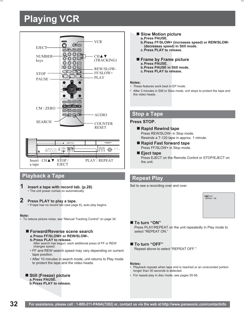 Playing vcr, Playback a tape, Stop a tape | Repeat play | Panasonic PV DR2714 User Manual | Page 32 / 92