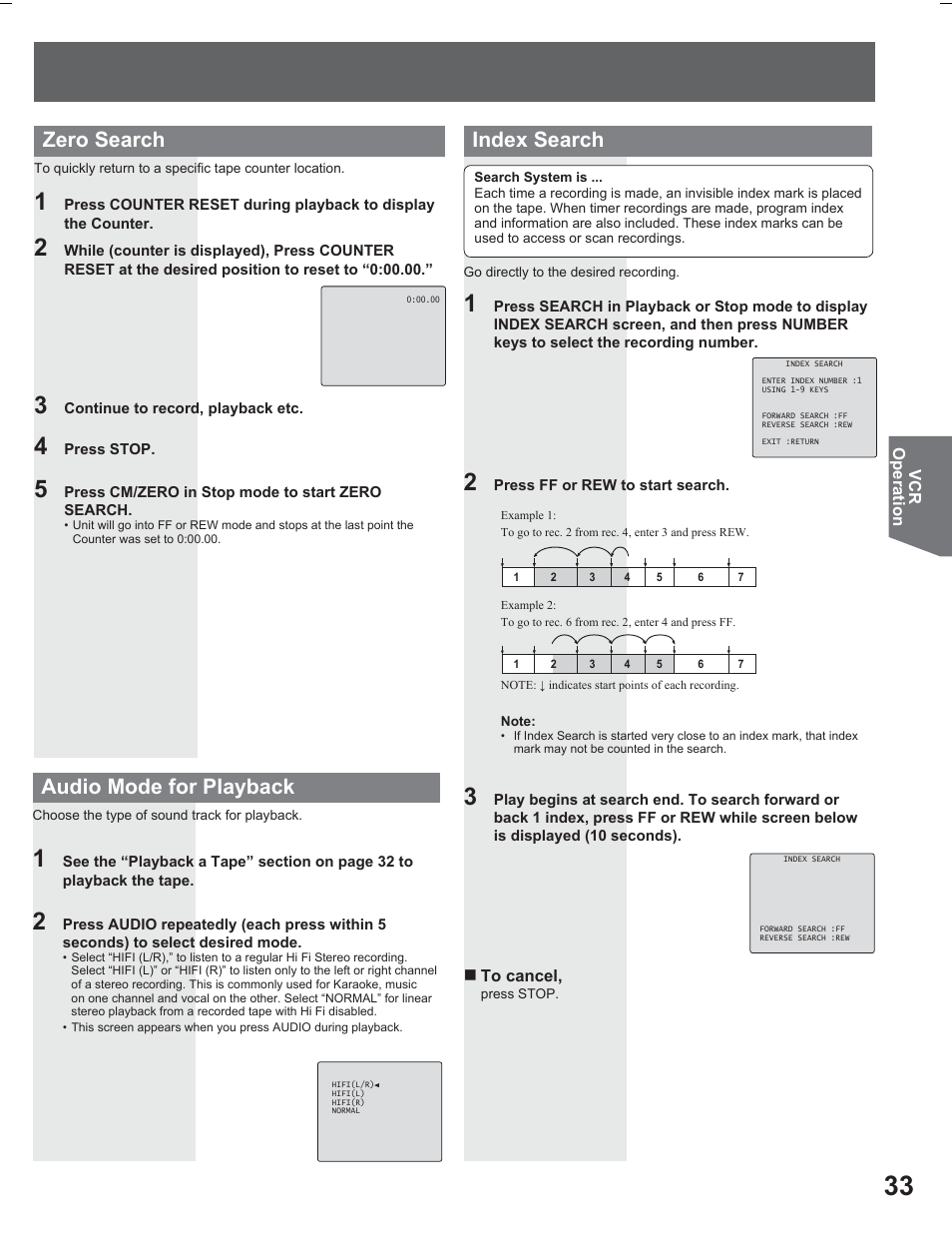Index search, Audio mode for playback, Zero search | Panasonic PV DR2714 User Manual | Page 33 / 92
