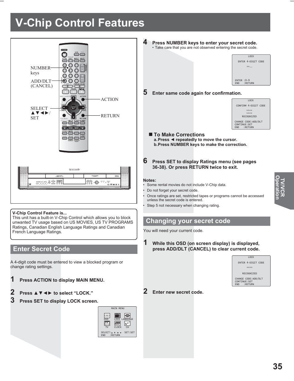 Tv / vcr operation, V-chip control features, Enter secret code changing your secret code | Panasonic PV DR2714 User Manual | Page 35 / 92