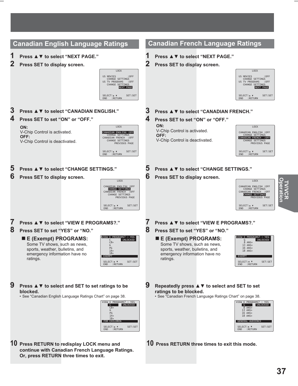 Canadian english language ratings, Canadian french language ratings, Tv/vcr operation | E (exempt) programs | Panasonic PV DR2714 User Manual | Page 37 / 92