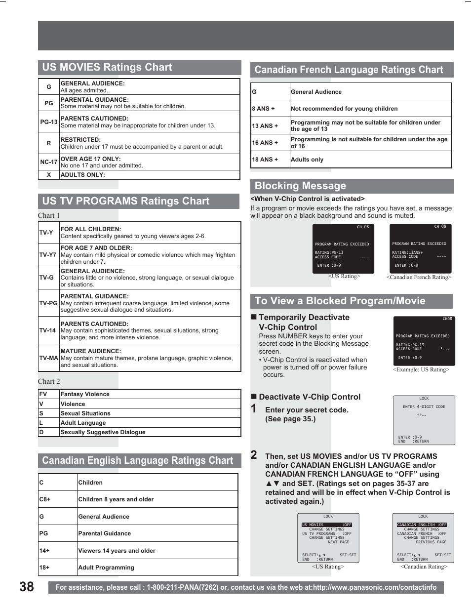 Blocking message, Temporarily deactivate v-chip control, Deactivate v-chip control | Panasonic PV DR2714 User Manual | Page 38 / 92