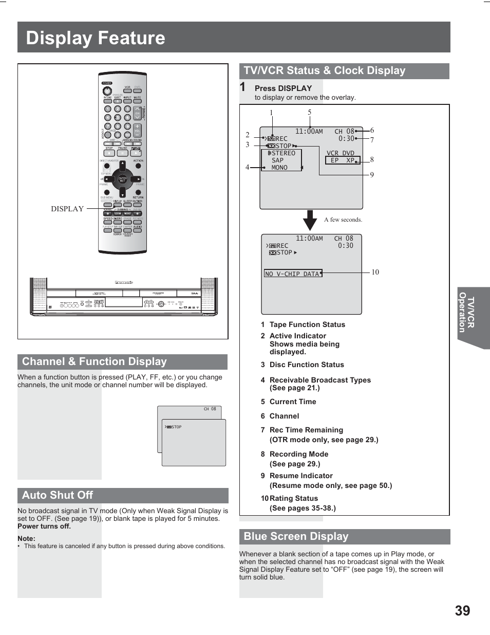 Display feature, Auto shut off | Panasonic PV DR2714 User Manual | Page 39 / 92