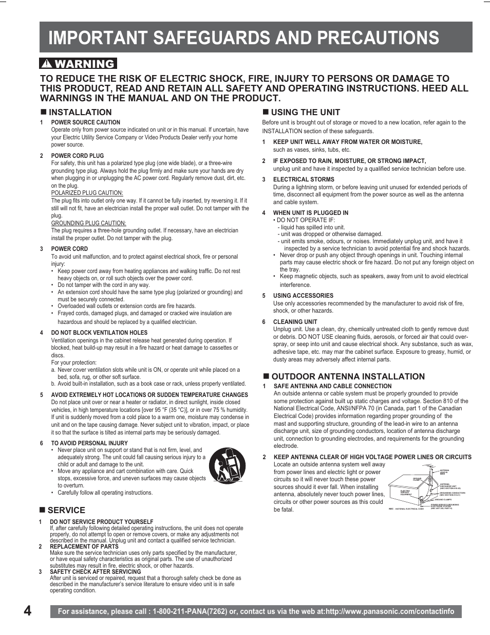 Important safeguards and precautions, Important safeguards and pre cautions, Warning | Installation, Using the unit, Service, Outdoor antenna installation | Panasonic PV DR2714 User Manual | Page 4 / 92