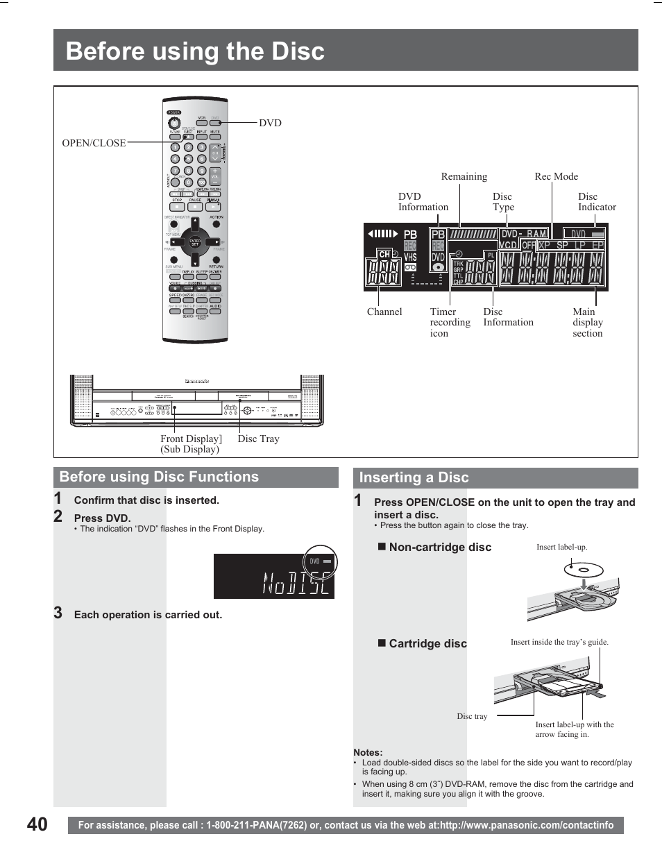 Disc operation, Before using the disc, Before using disc functions | Inserting a disc | Panasonic PV DR2714 User Manual | Page 40 / 92