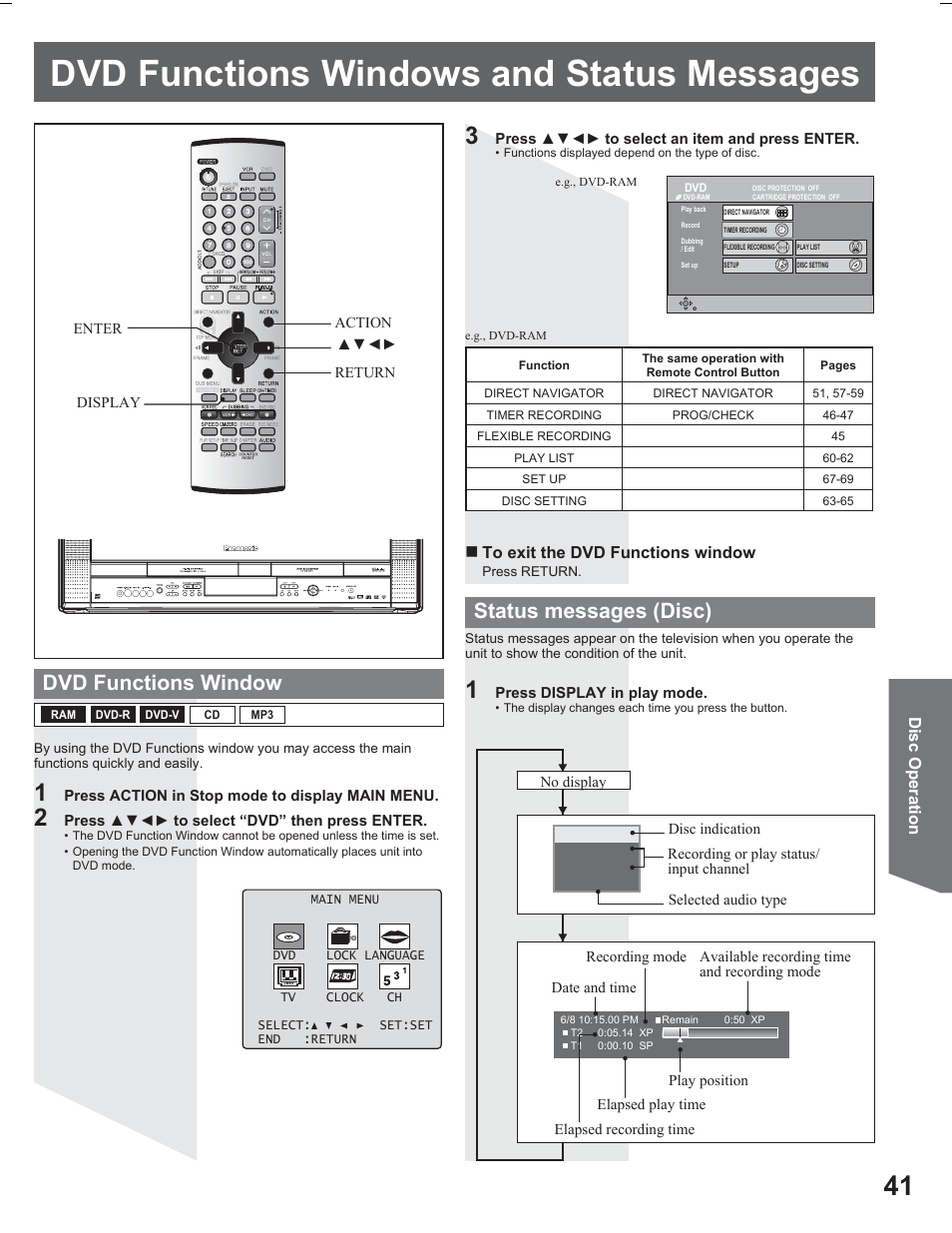 Dvd functions windows and status messsages, Dvd functions windows and status messages, Dvd functions window | Status messages (disc) | Panasonic PV DR2714 User Manual | Page 41 / 92