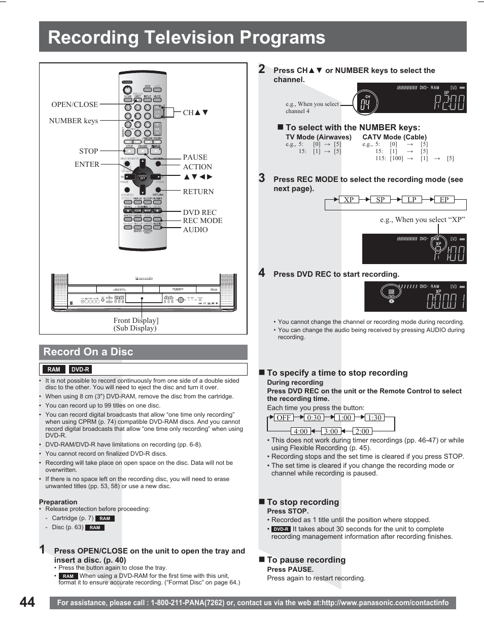 Recording television programs, Record on a disc | Panasonic PV DR2714 User Manual | Page 44 / 92