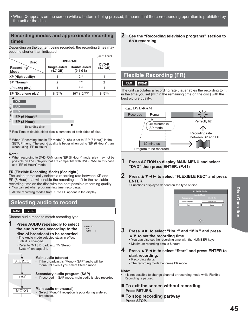 Selecting audio to record, Flexible recording (fr), Recording modes and approximate recording times | Panasonic PV DR2714 User Manual | Page 45 / 92