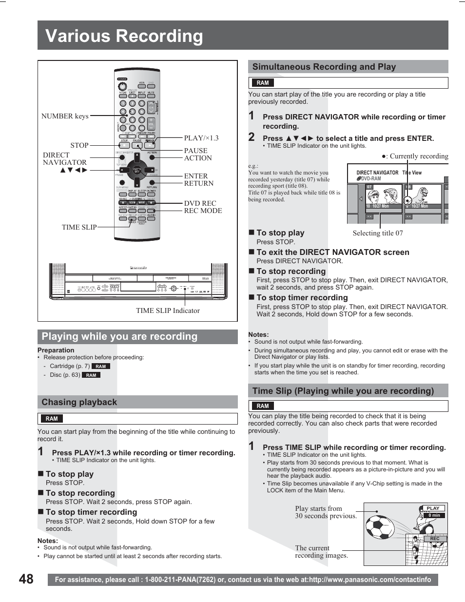 Various recording, Playing while you are recording, Chasing playback | Simultaneous recording and play, Time slip (playing while you are recording) | Panasonic PV DR2714 User Manual | Page 48 / 92