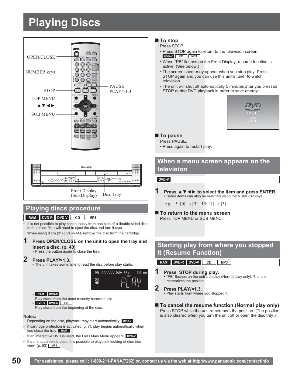 Playing discs, When a menu screen appears on the television, Playing discs procedure | Panasonic PV DR2714 User Manual | Page 50 / 92