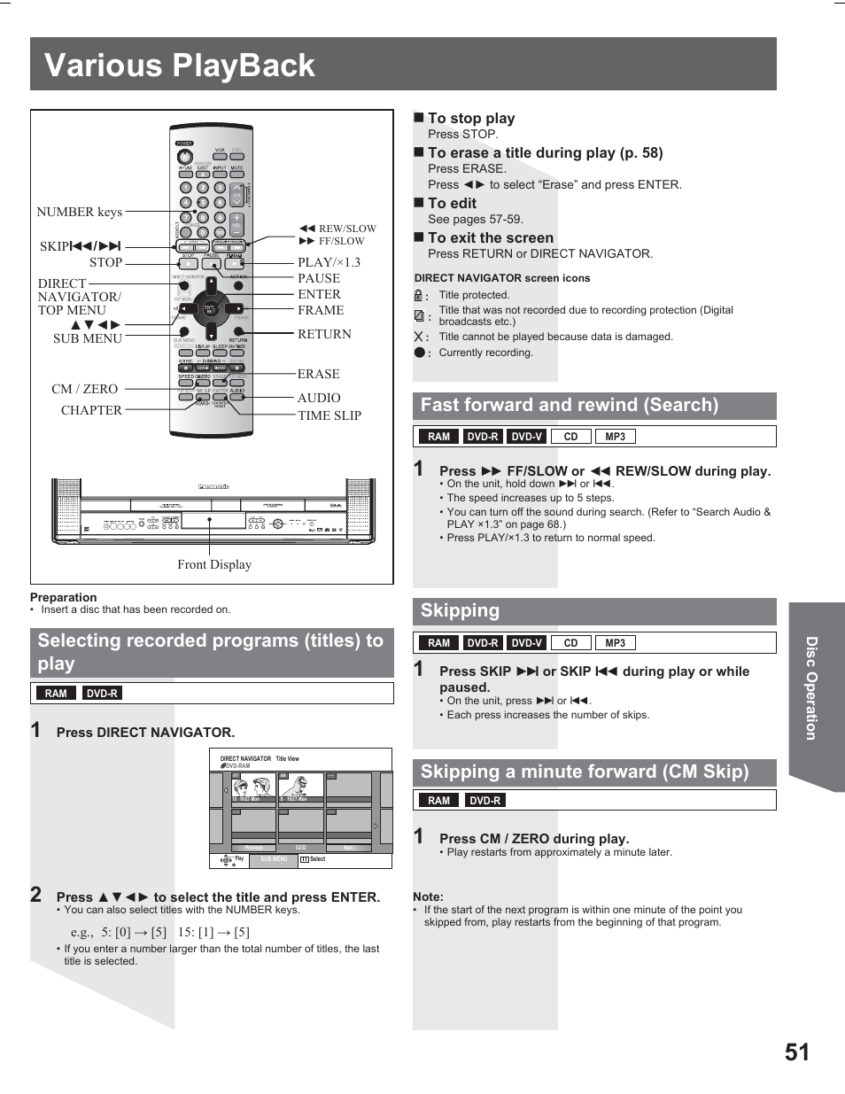 Various playback, Selecting recorded programs (titles) to play, Fast forward and rewind (search) | Skipping, Skipping a minute forward (cm skip) | Panasonic PV DR2714 User Manual | Page 51 / 92