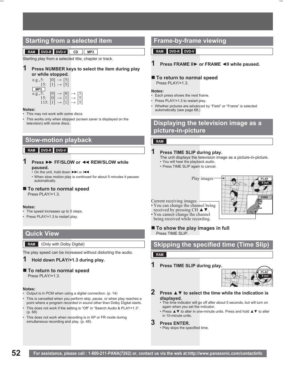 Starting from a selected item, Quick view, Slow-motion playback | Frame-by-frame viewing, Skipping the specified time (time slip) | Panasonic PV DR2714 User Manual | Page 52 / 92