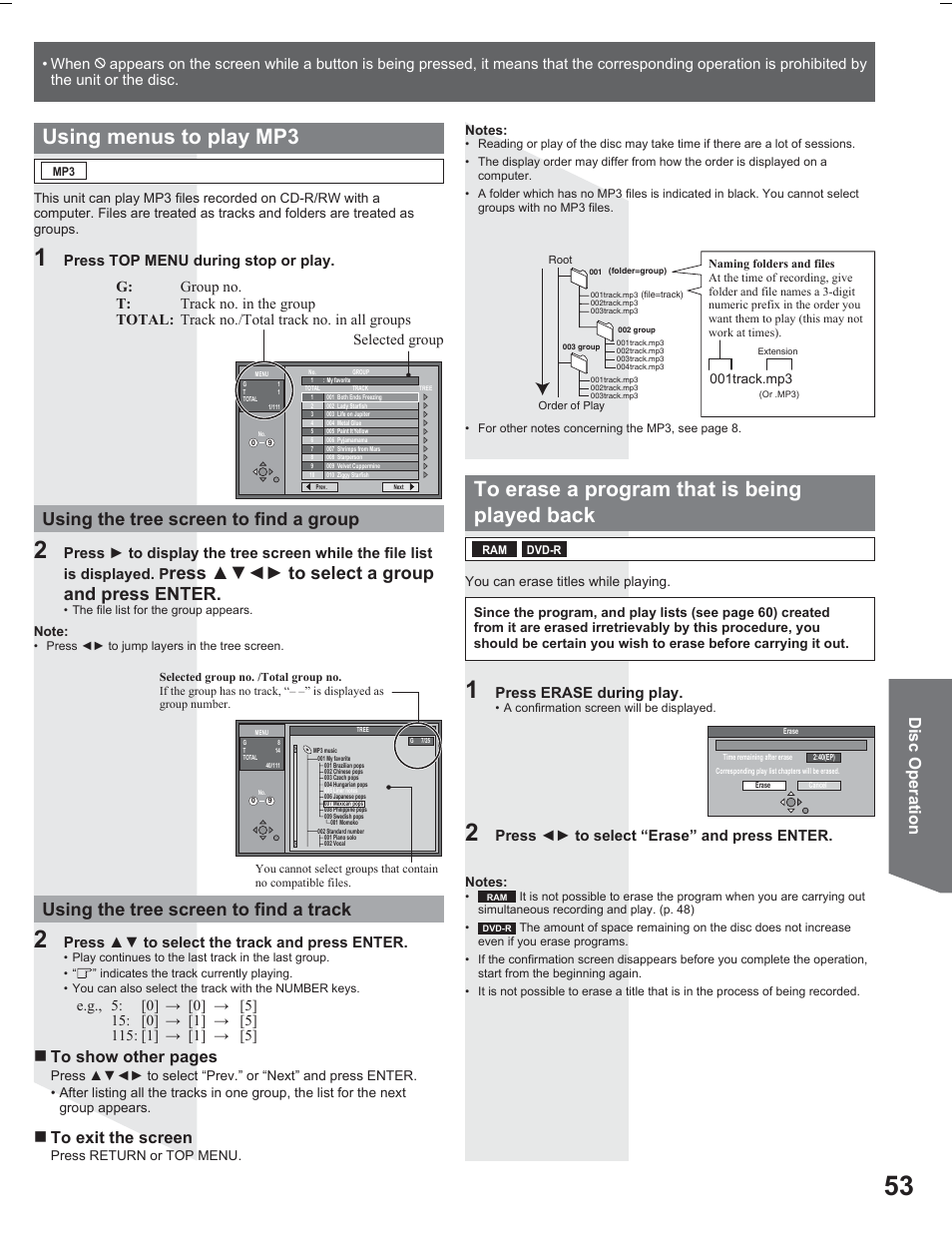 Using menus to play mp3, Ress ÿźżź to select a group and press enter, Disc operation | Press ÿź to select the track and press enter, Press erase during play, Press żź to select “erase” and press enter | Panasonic PV DR2714 User Manual | Page 53 / 92