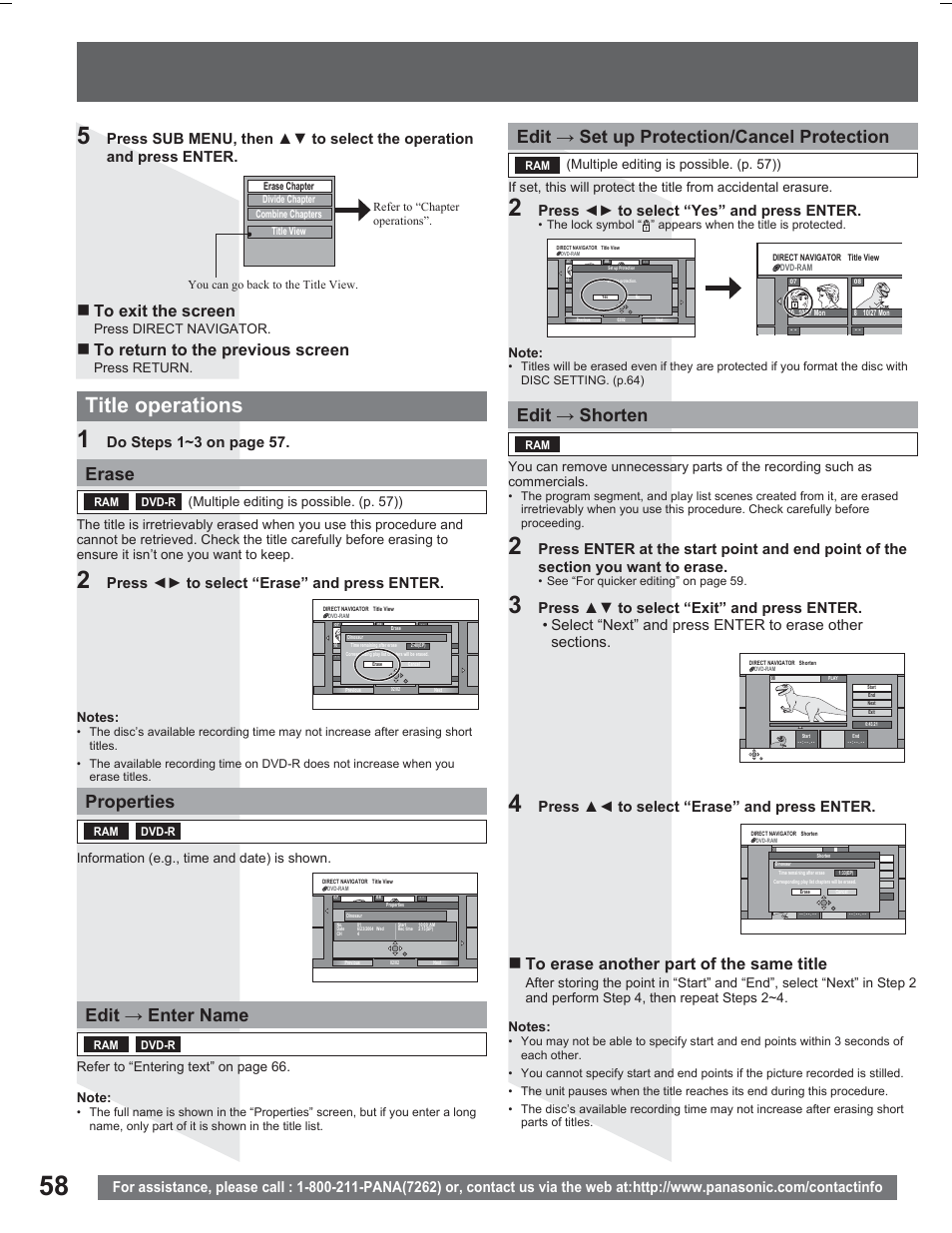 Title operations, Erase, Properties | Edit ĺ enter name, Edit ĺ set up protection/cancel protection, Edit ĺ shorten, Press żź to select “erase” and press enter, Do steps 1~3 on page 57, Press żź to select “yes” and press enter, Press ÿż to select “erase” and press enter | Panasonic PV DR2714 User Manual | Page 58 / 92