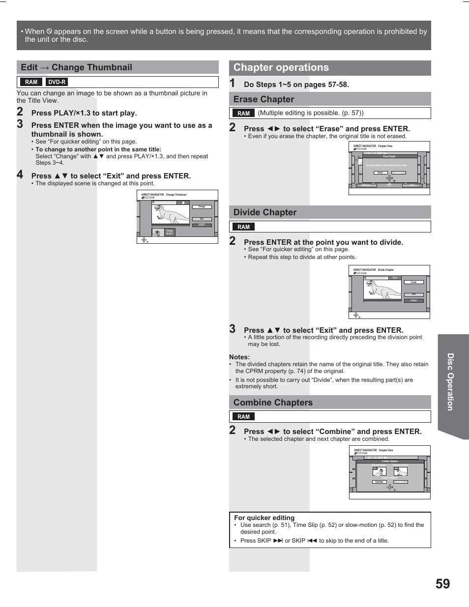 Chapter operations, Edit ĺ change thumbnail, Erase chapter | Divide chapter, Combine chapters, Disc operation, Press play/×1.3 to start play, Press ÿź to select “exit” and press enter, Press żź to select “erase” and press enter, Press enter at the point you want to divide | Panasonic PV DR2714 User Manual | Page 59 / 92