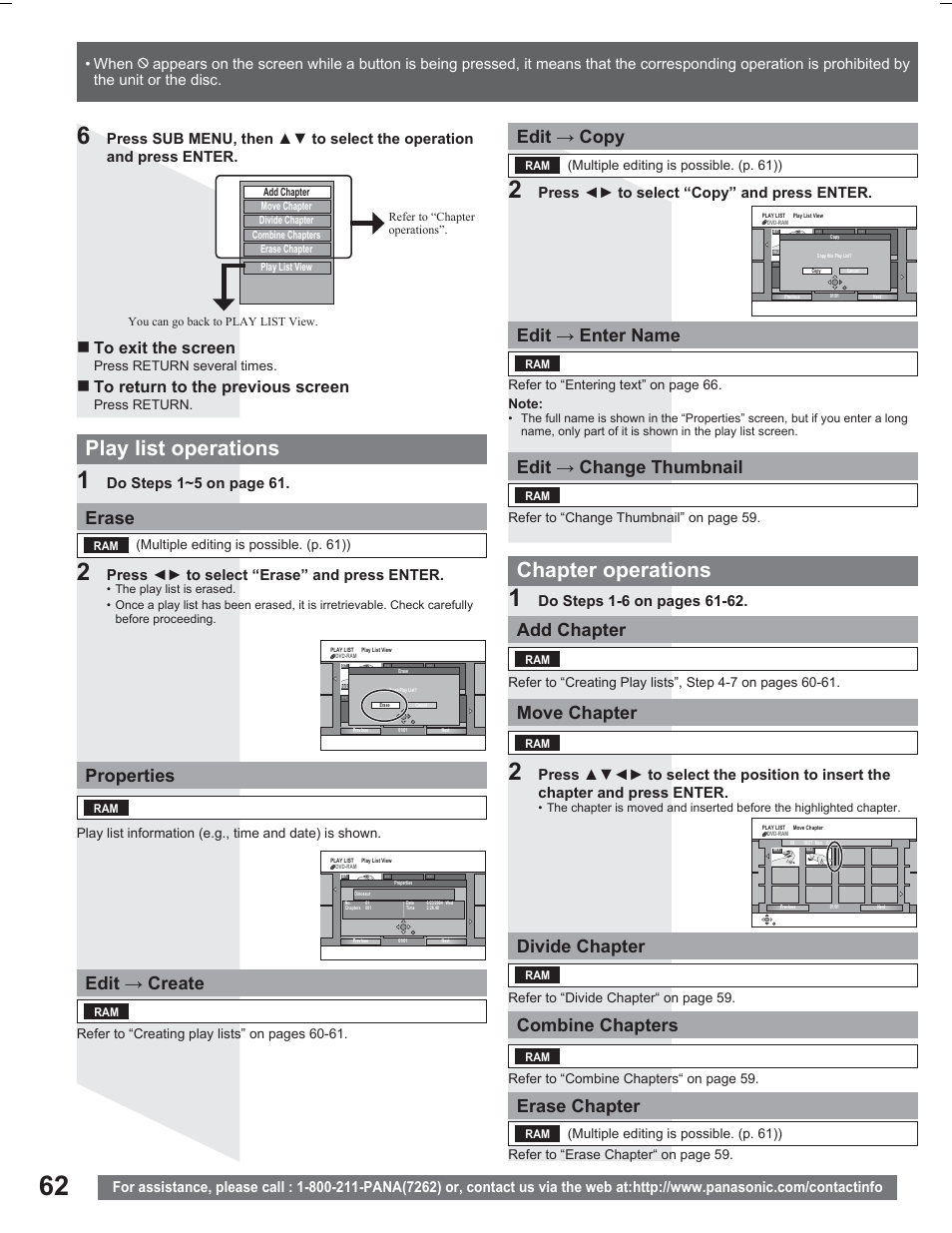 Play list operations, Chapter operations, Erase | Properties, Edit ĺ create, Edit ĺ copy, Edit ĺ enter name, Edit ĺ change thumbnail, Add chapter, Move chapter | Panasonic PV DR2714 User Manual | Page 62 / 92