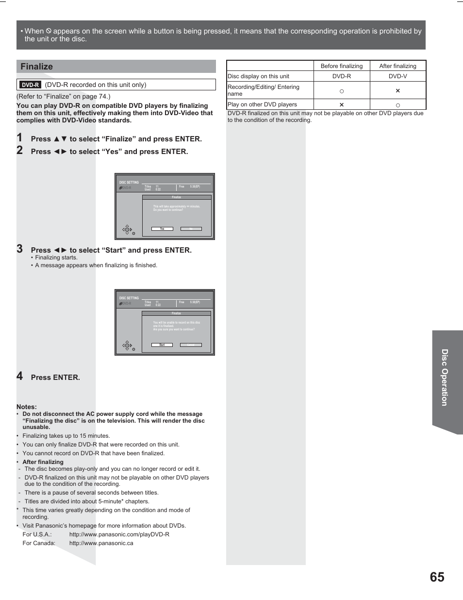 Finalize, Disc operation, Press ÿź to select “finalize” and press enter | Press żź to select “yes” and press enter, Press żź to select “start” and press enter, Press enter | Panasonic PV DR2714 User Manual | Page 65 / 92