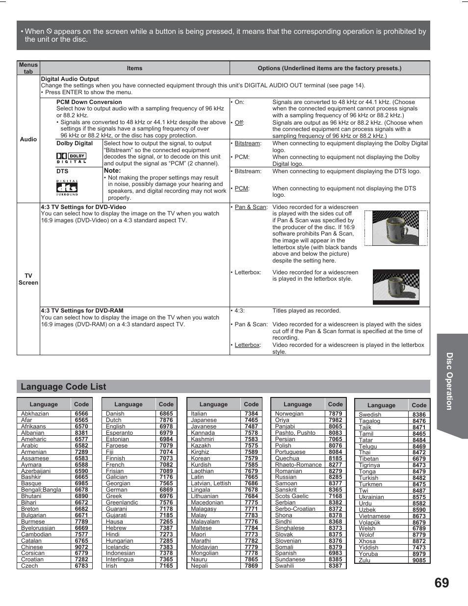 Language code list, Disc operation | Panasonic PV DR2714 User Manual | Page 69 / 92