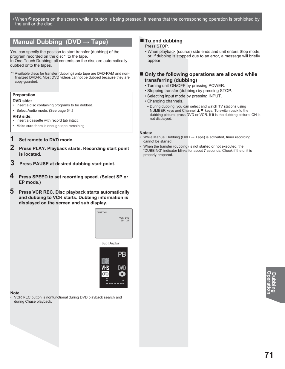 Manual dubbing (dvd ĺ tape) | Panasonic PV DR2714 User Manual | Page 71 / 92