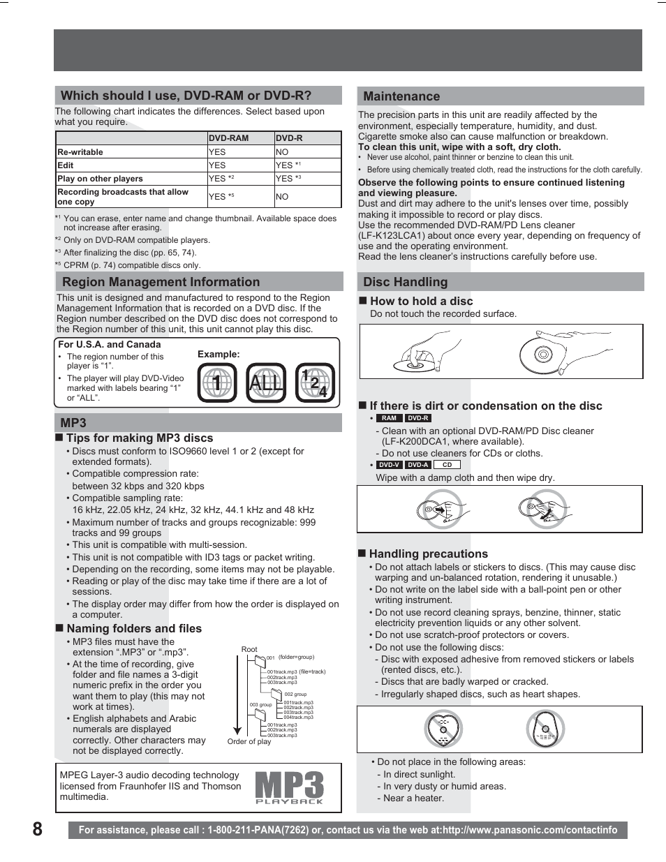 Region management information, Which should i use, dvd-ram or dvd-r, Maintenance | Disc handling | Panasonic PV DR2714 User Manual | Page 8 / 92