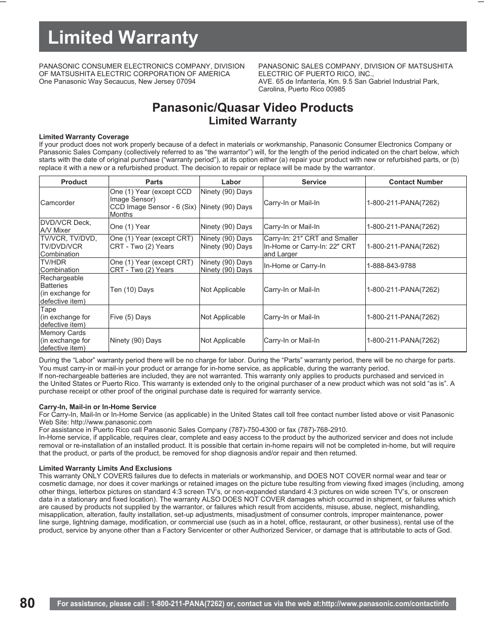 Limited warranty, Panasonic/quasar video products | Panasonic PV DR2714 User Manual | Page 80 / 92
