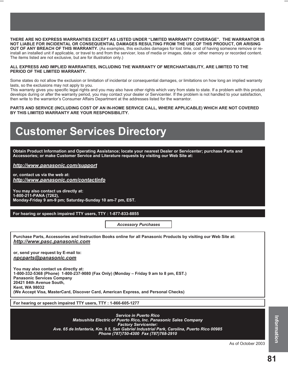 Customer services directory | Panasonic PV DR2714 User Manual | Page 81 / 92