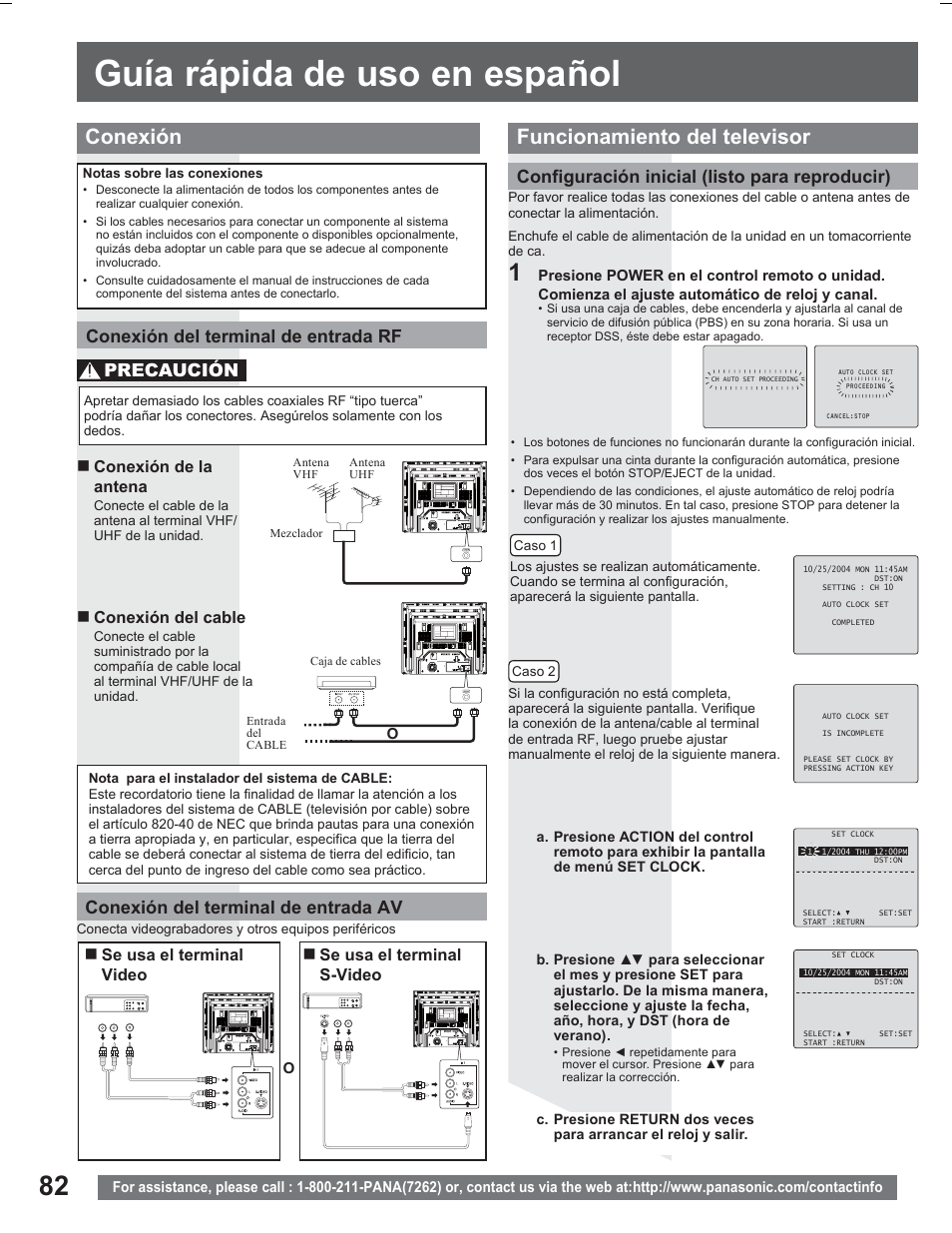 Guia rapida de uso en espanol, Guía rápida de uso en español, Conexión funcionamiento del televisor | Conexión del terminal de entrada rf, Conexión del terminal de entrada av, Configuración inicial (listo para reproducir), Precaución, Conexión de la antena, Conexión del cable, Se usa el terminal video | Panasonic PV DR2714 User Manual | Page 82 / 92