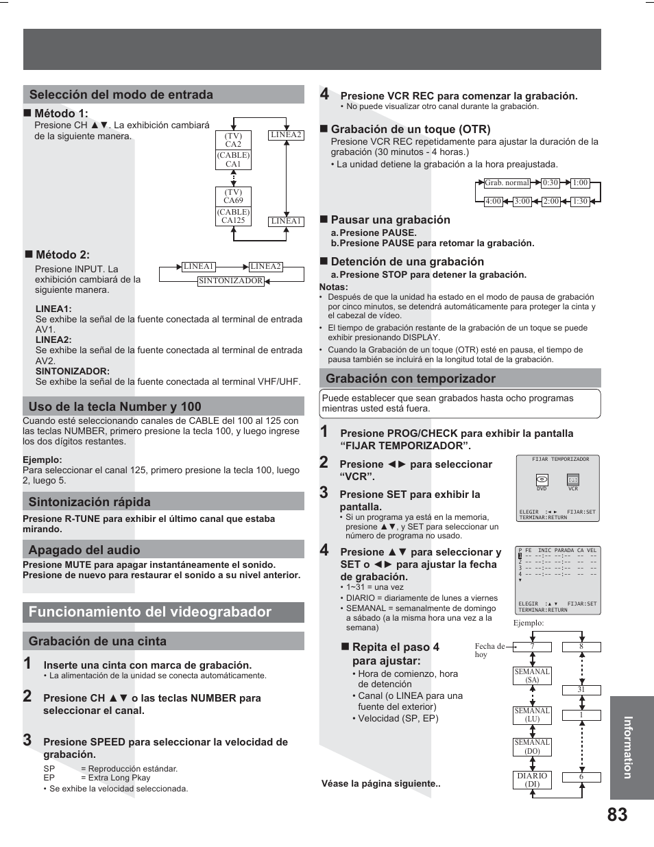 Funcionamiento del videograbador, Grabación de una cinta, Grabación con temporizador | Panasonic PV DR2714 User Manual | Page 83 / 92