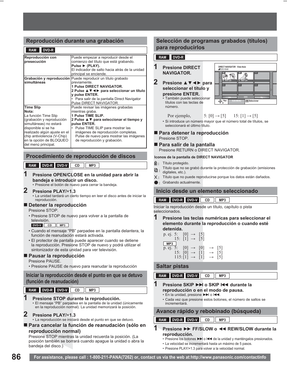 Reproducción durante una grabación, Procedimiento de reproducción de discos, Inicio desde un elemento seleccionado | Saltar pistas, Avance rápido y rebobinado (búsqueda) | Panasonic PV DR2714 User Manual | Page 86 / 92