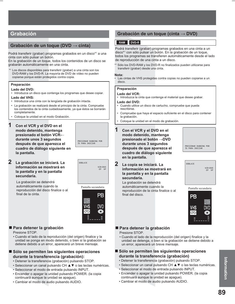 Grabación, Grabación de un toque (dvd ĺ cinta), Grabación de un toque (cinta ĺ dvd) | Panasonic PV DR2714 User Manual | Page 89 / 92