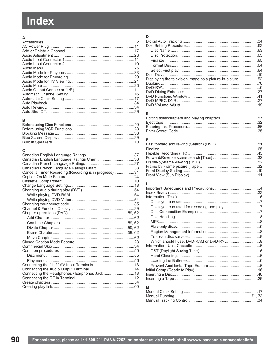 Index | Panasonic PV DR2714 User Manual | Page 90 / 92