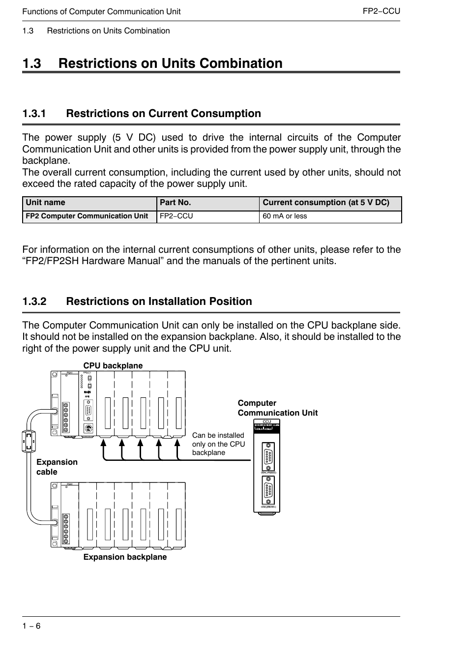 3 restrictions on units combination, 1 restrictions on current consumption, 2 restrictions on installation position | Panasonic FP2 User Manual | Page 12 / 56