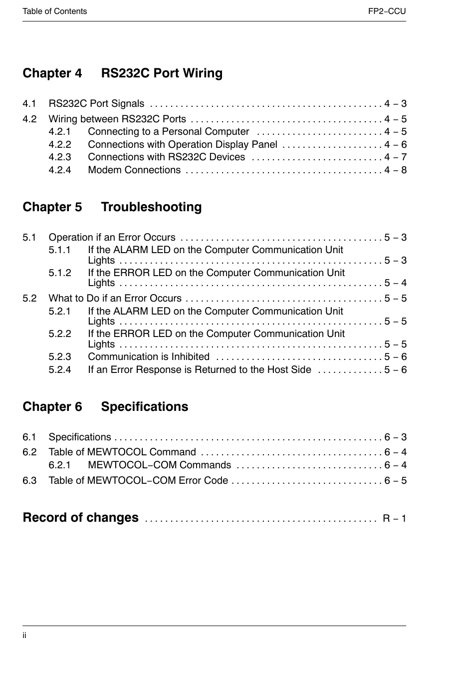 Chapter 4 rs232c port wiring, Chapter 5 troubleshooting, Chapter 6 specifications | Record of changes | Panasonic FP2 User Manual | Page 4 / 56